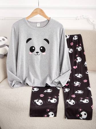 Genkimix Kids 2pcs/Set Girls Cute Grey Panda & All-Over Print Black Pants Comfortable Casual Pajama Sleepwear Set, Autumn/Winter