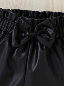SHEIN Young Girl' All-Match Bowknot Waist PU Leather Shorts, Fashionable & Versatile, One Piece Black