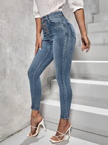 SHEIN Essnce Women's Button Front Pocket Skinny Casual Versatile Denim Pants - Dusty Blue - View 1