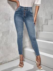 SHEIN Essnce Women's Button Front Pocket Skinny Casual Versatile Denim Pants - Dusty Blue - View 4