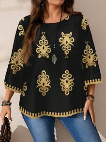 EMERY ROSE Plus Size Women Floral Print Casual Loose Fit Round Neck 3/4 Sleeve Blouse, Autumn/Winter