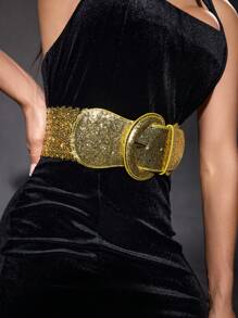 SHEIN SXY 1 件女士金属亮片装饰金色腰带，适合派对、节日 - 金色 - 查看 3