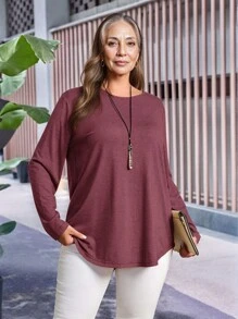 EMERY ROSE Plus Size Fall Women Solid Round Neck Long Sleeve Casual T-Shirt - Burgundy - View 1