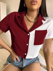 Zolique Women's Red And White Cropped Button Up Shirt With Contrast Pocket Detail