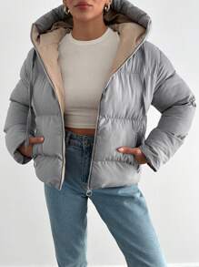 EURMUSE Women Front Zipper Long Sleeve Pocket Simple Design Hooded Winter Jacket - Light Grey - View 1