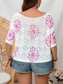 SHEIN LUNE Plus Size Flower Pattern Crew Neck Short Sleeve Casual Pullover Sweater Rose Red Printed Hollow Woolen Short Top, Festival Woolen Plus Size Women Clothes Festival Bohos Clothes Festival Bohos Plus Size Summer Outfits For Women