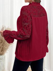 SHEIN Clasi Plus Size Solid Color Front Tie Long Sleeve Simple Casual Shirt, Everyday Wear - Burgundy - View 2