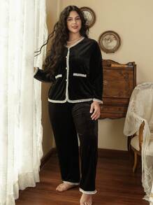 Plus Size Ruffled Trim Velvet Sleepwear Set - Black - View 6