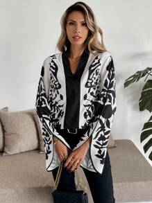 Calvaya Top décontracté pour femmes à col V et manches longues, de couleur unie avec patchwork