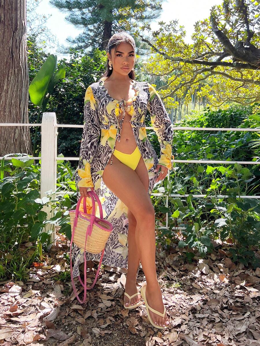 SHEIN SXY Front Lace-Up Long Sleeve Casual Sexy Animal Print Ruffle Trim Blouse - Multicolor - View 1