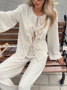 Serisse Set de 2 piezas con camisa de manga larga con lazo frontal de encaje y pantalones, conjunto de 2 piezas de unicolor de encaje francés con lazo frontal de manga larga, casual, para uso diario, conjuntos de verano, primavera y otoño, y conjuntos de vacaciones de lino