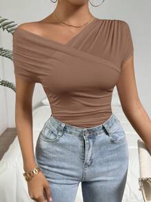 SHEIN Privé Women Solid Color Asymmetric Collar Short Sleeve Fitted T-Shirt - Khaki - View 4