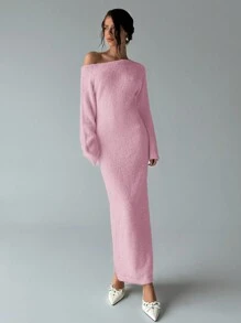 Aloruh 女士秋冬露肩宽松长款毛衣连衣裙 - 淺粉色 - 查看 9
