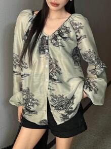 DAZY Women's Floral Print Loose V-Neck Long Sleeve Casual Vacation Shirt, Summer