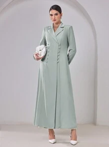 Al Najma 女士纯色长袖纽扣设计阿拉伯长袍，端庄长袍 - 綠色 - 查看 3