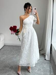 Chiquease White Lace Asymmetric Neck Embroidered Elegant Cocktail Dress