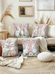 4 件装复活节兔子枕套，17.7 英寸 X 17.7 英寸现代印花涤纶拉链靠垫套，可机洗，编织装饰沙发和卧室配件，无枕芯家居装饰 - 彩色 - 查看 3