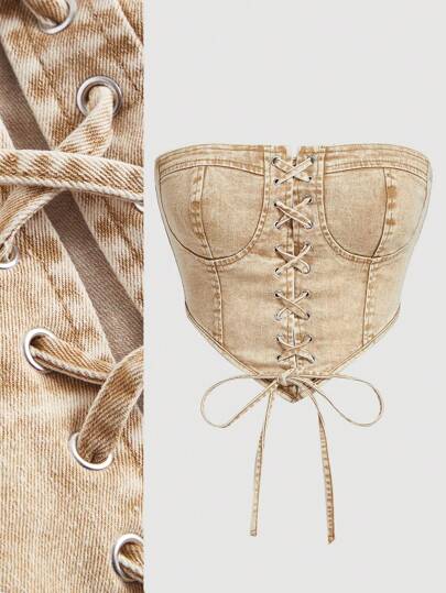 SHEIN MOD Women's Denim Tube Top, Casual Stretchy Tie-Up Khaki,Denim Tops,Y2k Denim Tops,Corset Tops For Women,Cute Tops,Tube Tops,Going Out Tops,Valentine's Day Crop Tops,Summer Tops For Women,Summer Tops,Y2k Clothes,Valentines Clothes