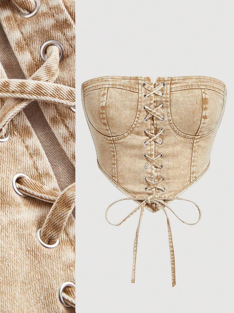 SHEIN MOD Top tube en jean pour femmes, Top décontracté en kaki stretch avec nœud, hauts en jean, hauts en jean Y2K, corsets pour femmes, hauts mignons, hauts tubes, hauts de sortie, hauts courts pour la Saint-Valentin, hauts d'été pour femmes, hauts d'été, vêtements Y2K, vêtements pour la Saint-Valentin