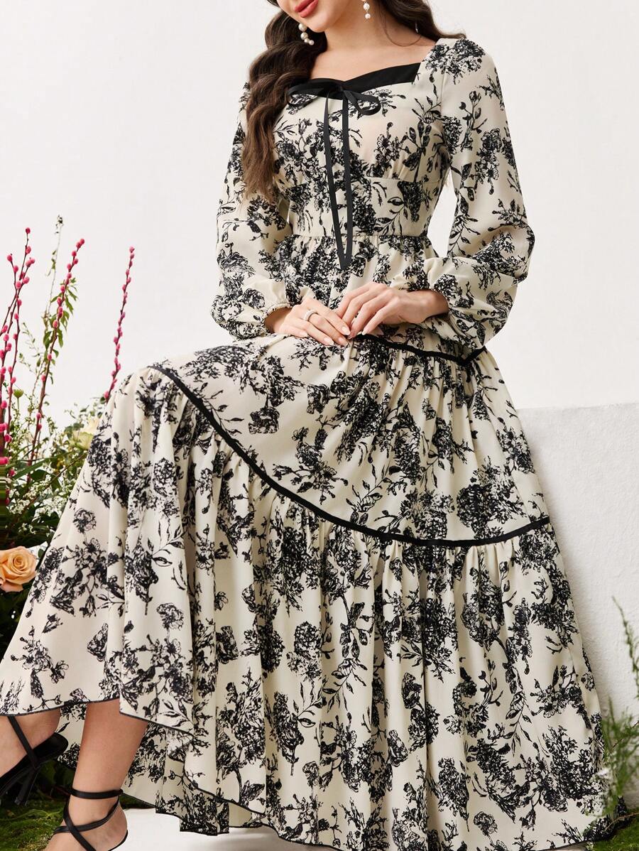Modelyn Bowknot Waist Patchwork A-Line Women Dress Fall Cloth For Women - Black and White - View 1
