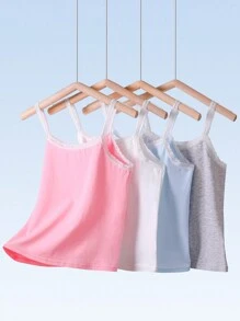 4 Pieces/Set Girls Lace Camisole, Soft Cotton, Versatile Color Match Fashion Student Sports Undershirt Tops, Simple Design, Spring,Summer Travel - Multicolor - View 1