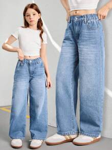 Tween Girls Vintage Loose Wide Leg Jeans, Casual Straight Leg Denim Pants - Light Wash - View 8