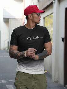 DAZY 男士字母印花渐变色 T 恤，夏季，图案 T 恤 - 黑與白 - 查看 4