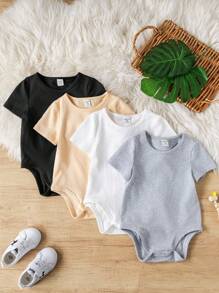 SHEIN 4pcs Baby Boy/Girl Knitted Soft Crew Neck Short Sleeve Bodysuit Sets