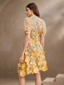 Anewsta New Spring/Summer Women Urban Elegant Mesh Embroidered Jacquard Midi Dress, Suitable For Valentine's Day, Date Night, Vacation Outfits - Yellow - View 2