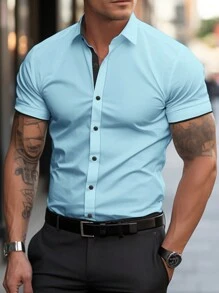 Manfinity Homme Men's Solid Color Patchwork Front Button Short Sleeve T-Shirt, Casual Everyday Wear