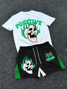 Manfinity EMRG 男士年轻街头风格 INS 商品白色圆领 T 恤和黑色短裤套装，火焰骷髅和数字 23 街头图案，绿黑配色。男士两件套服装，绿色图案 T 恤，超大图案 T 恤
