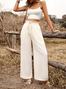 Breezaya Women's Solid Color Tie Front Ruffle Hem Pockets Casual Pants - Beige - View 3