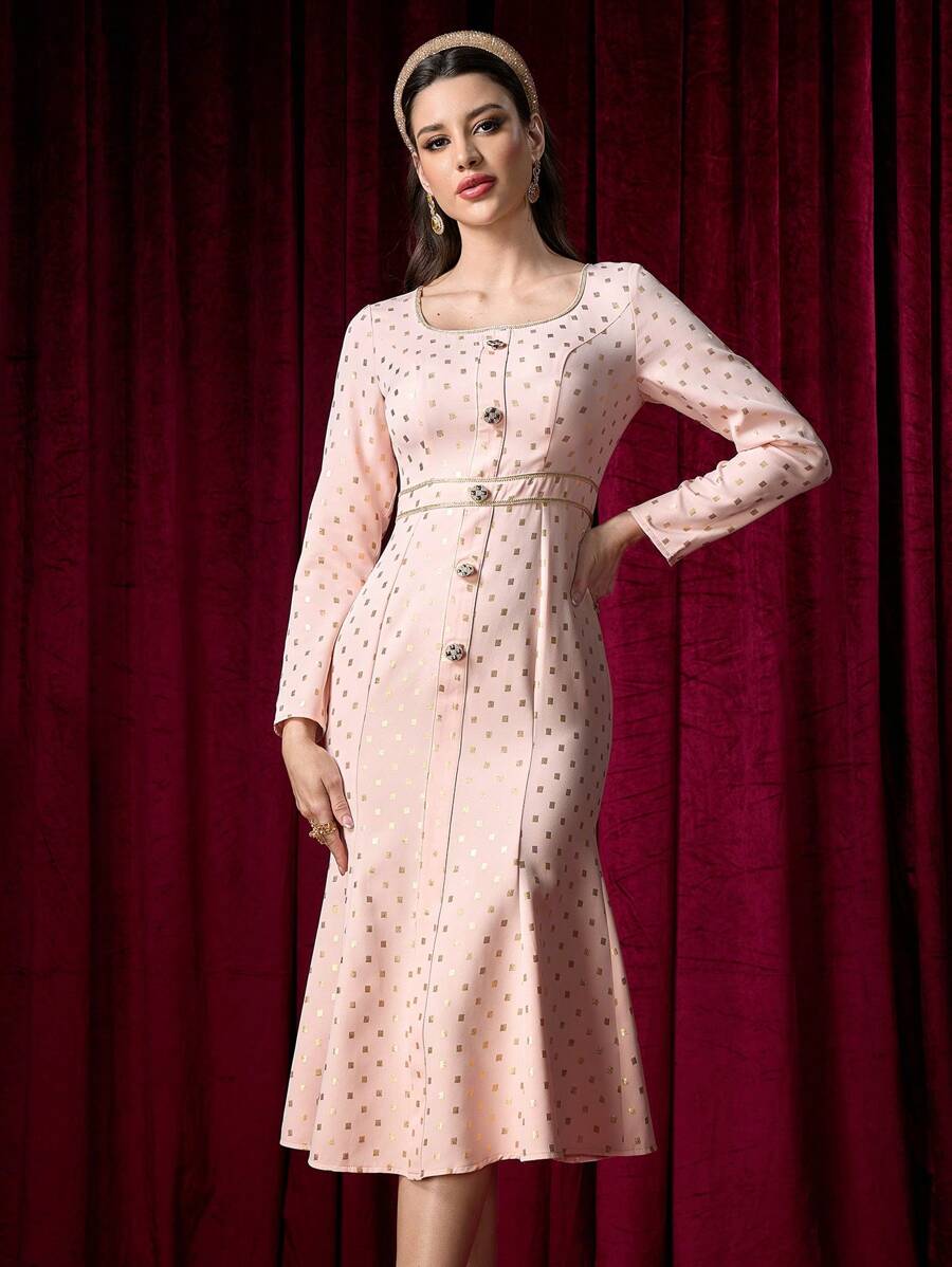 Modelyn Women's Elegant High-End Refined Sequined French Style Square Collar Fishtail Midi Dress - Multicolor - View 1
