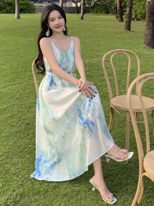 DAZY 女士扎染印花吊带中长款度假连衣裙夏季吊带长裙 - 綠色 - 查看 1