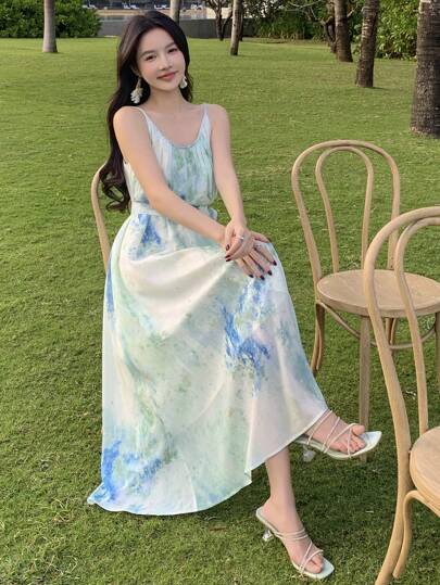 DAZY Women's Tie Dye Printed Spaghetti Strap Mid-Length Vacation Dress Summer Sundress Maxi Dress