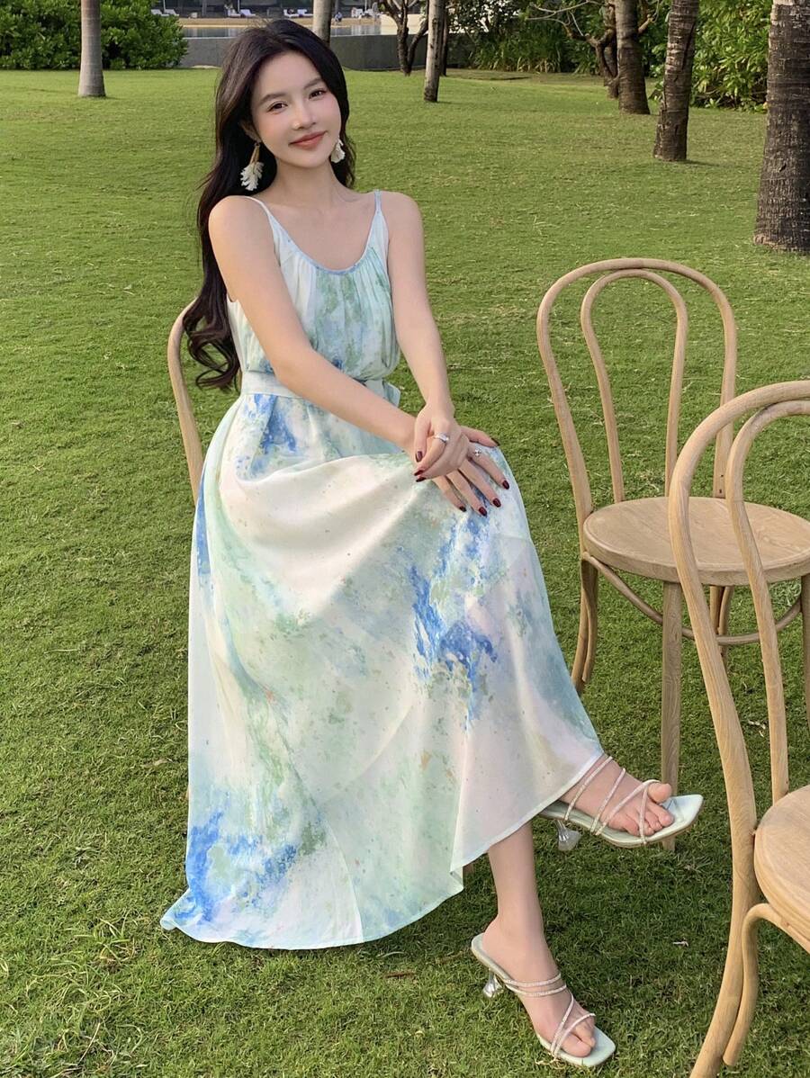 DAZY 女士扎染印花吊带中长款度假连衣裙夏季吊带长裙 - 綠色 - 查看 1