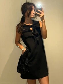 DAZY 女士圆领丝绒撞色直筒迷你连衣裙，春夏派对女士礼服舞会礼服女仆装吊带裙，休闲女士连衣裙优雅女士连衣裙 - 黑色 - 查看 1