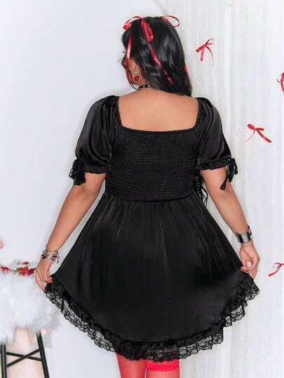 Kawaii Vestido de encaje con parches y decoración de lazo para el Día de San Valentín en tallas grandes