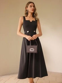 SHEIN Clasi Robe femme col carré taille haute forme A - Noir - Voir 5