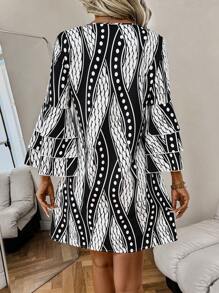 SHEIN Clasi Women Casual Floral Print Ruffle Sleeve Dress - Black and White - View 2