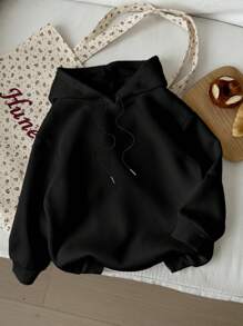 SHEIN EZwear Casual Minimalist Cherry Print Hooded Loose Fit Thick Sweatshirt For Women
