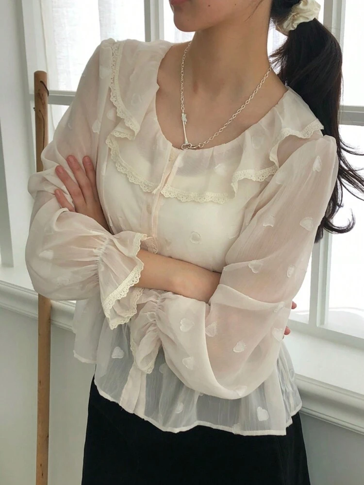 Women's Sheer Mesh Contrast Lace Ruffled Collar Long Sleeve Blouse, Spring/Summer Delicate Lace Cute Tops,Fall Women Clothes