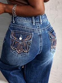 SHEIN Slayr Women's Front Button Pocket Embroidered Casual Jeans - Blue - View 2