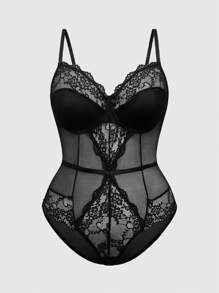 ROMWE Plus Size Gothic Rose Bride Lace Sexy Jumpsuit - Black - View 1