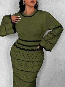 Flirla 大码女式条纹喇叭袖修身针织毛衣裙，秋冬款