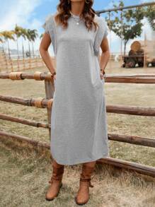 SHEIN LUNE Loose Knit Cocoon Long Dress, Grey Color, Slimming, Casual & Sports Wear Summer  Western Wear Women/Western Western Wear Women