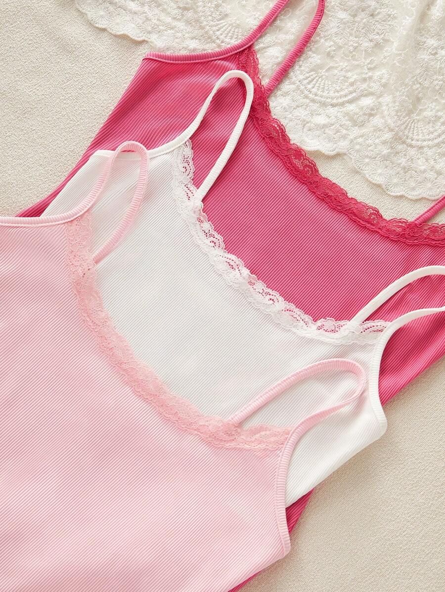 3pcs Set Young Girl's Solid Color Lace Patchwork Camisole & Jumpsuit Pajamas - Multicolor - View 1