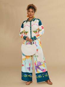 Travachic Plus Size 2pcs/Set Women Vacation Printed Long Sleeve Shirt & Pants Set,Women Two Pieces Sets,Women Fall Sets,Women Clothing Sets