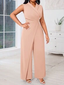 SHEIN Lady Plus Size Nude Elegant Sleeveless Jumpsuit With Pearl Buttons And High Slit - Khaki - View 2