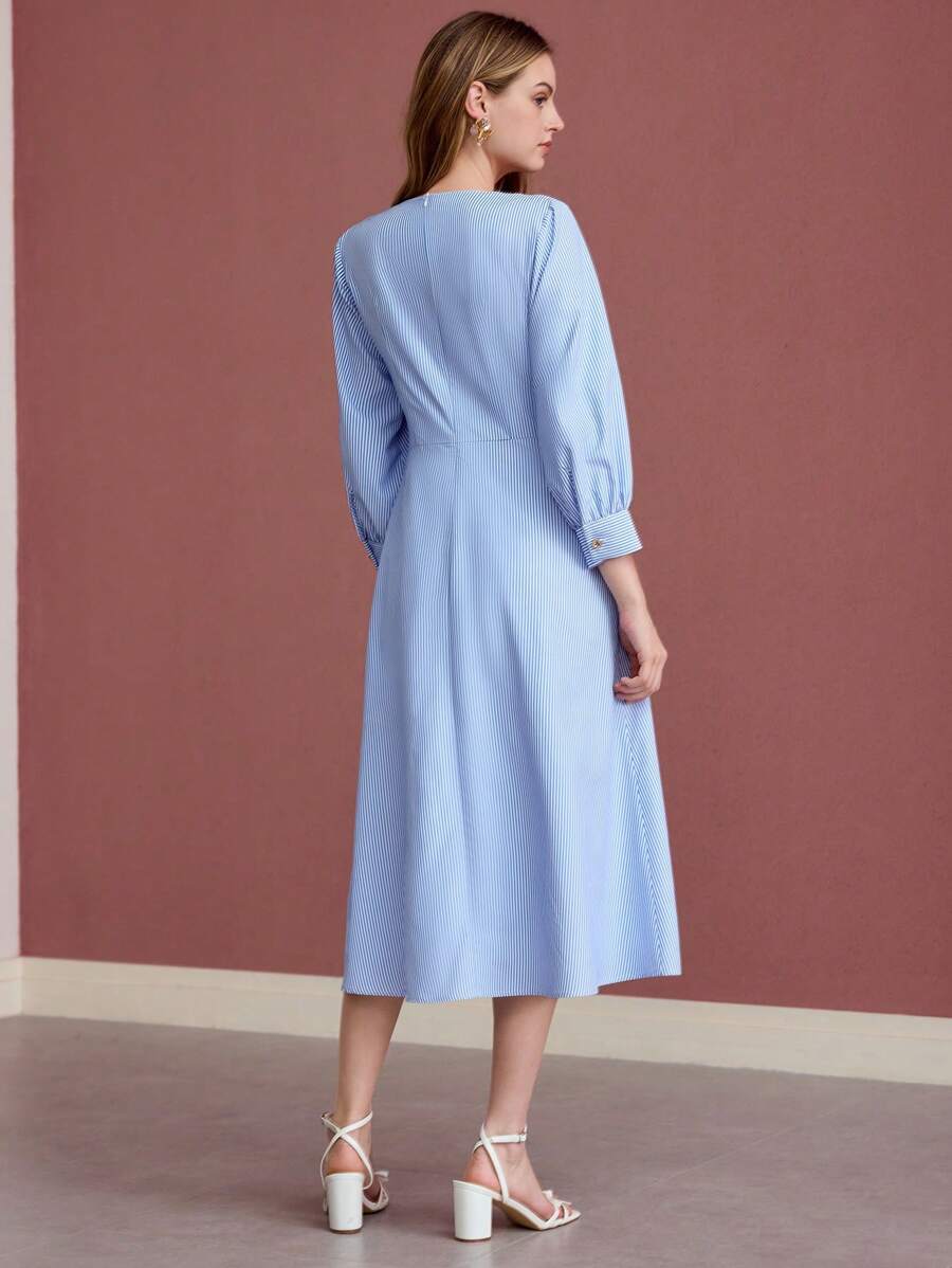 MOTF PREMIUM WOMEN STRIPED CONTRAST LACE TWIST FRONT DRESS - Blue and White - View 2